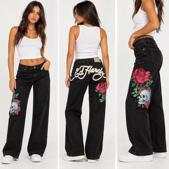 Ed Hardy Denim - Ed Hardy Womens Black Wide Leg Jeans Skull Rose Embroidery Y2K 29 Waist